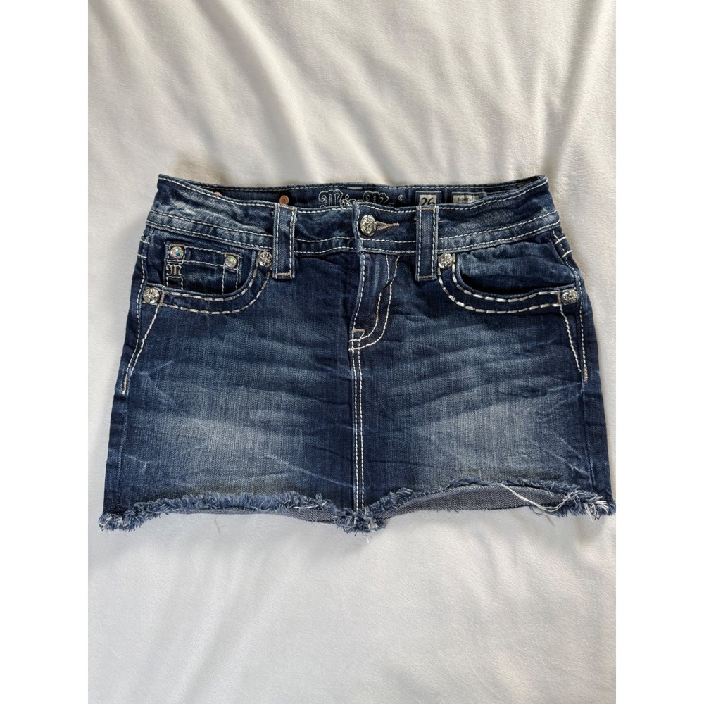 Miss Me Signature Skirt Dark Wash Denim Rhinestone Embroidered Mini Skirt 26